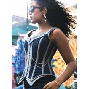 Double Denim Chain Corset EU Imported Steel Boned Size 0 XS NWT
